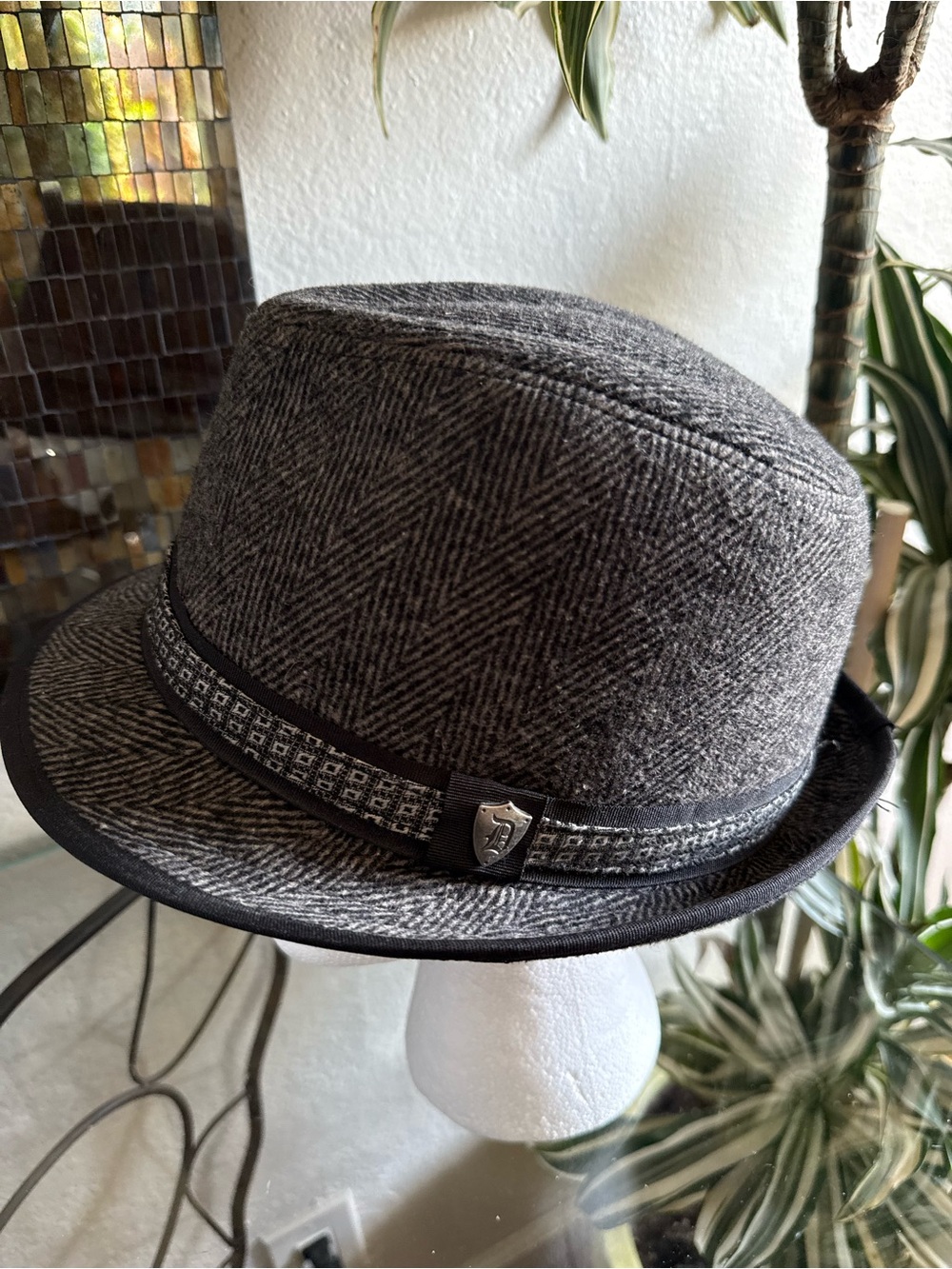 Men's Gray Herringbone Trilby Hat with Decorative Band